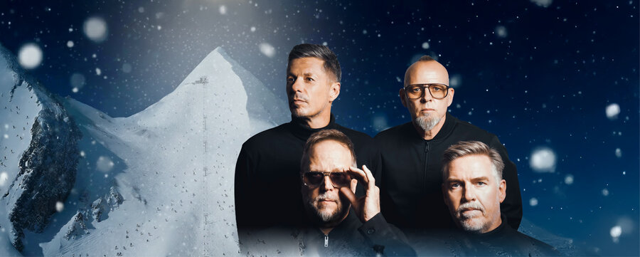 Die Fantastischen Vier vor einer verschneiten Bergkulisse als Headliner des Skiopening 2026.