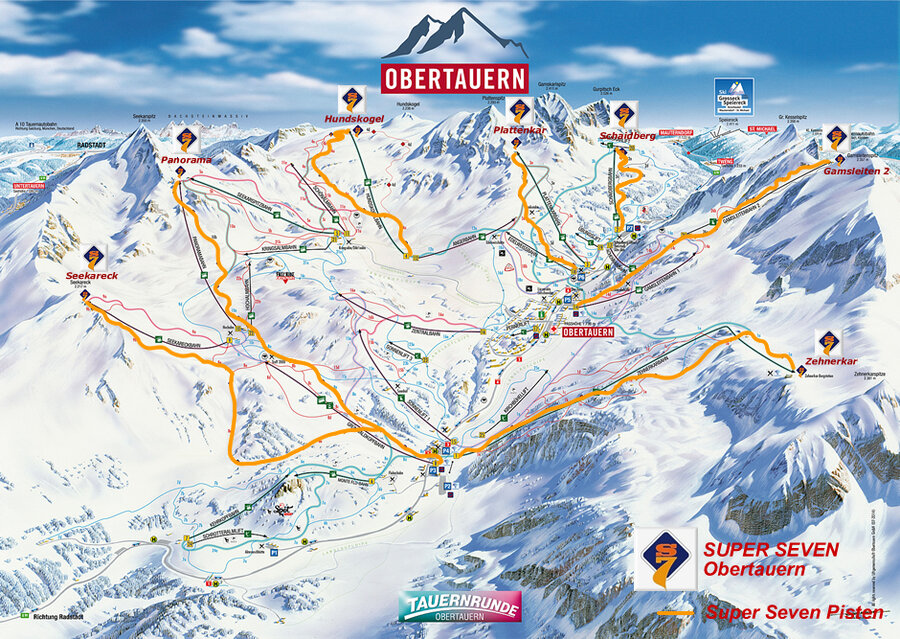 Pistenpanorama von Obertauern mit den markierten Super Seven-Abfahrten.